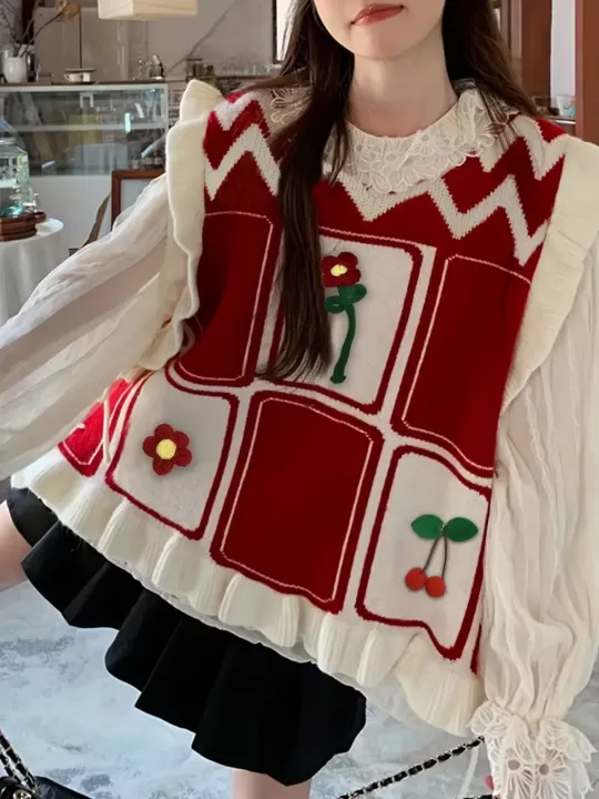 🌸 سترة بلا أكمام بنقشة مربعات وزهور ثلاثية الأبعاد – لمسة أنثوية بطابع ريفي عصري! 🌸 2