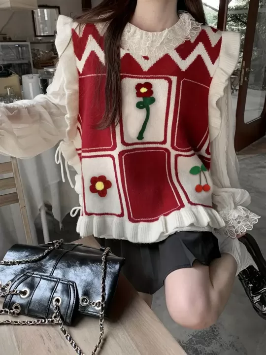 🌸 سترة بلا أكمام بنقشة مربعات وزهور ثلاثية الأبعاد – لمسة أنثوية بطابع ريفي عصري! 🌸 4