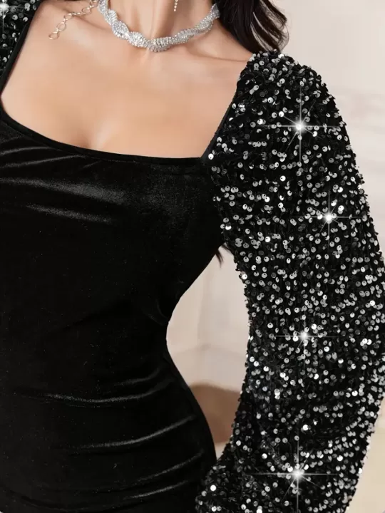 🖤 فستان مخملي أسود أنيق بكتف مكشوف وأكمام لامعة – تألقي كأنك نجمة في سماء الشتاء! 🖤 1