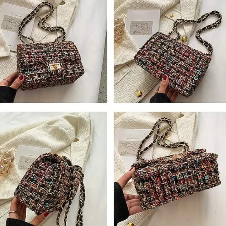 👜✨ حقيبة كروس فاخرة من التويد بنمط منقوش وسلسلة 💛 2