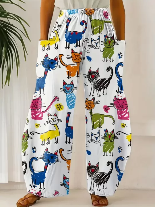 🌈 بنطال نسائي بخصر عالٍ وقَصّة واسعة بطبعات قطط ملونة – أناقة مرحة لكل المواسم!