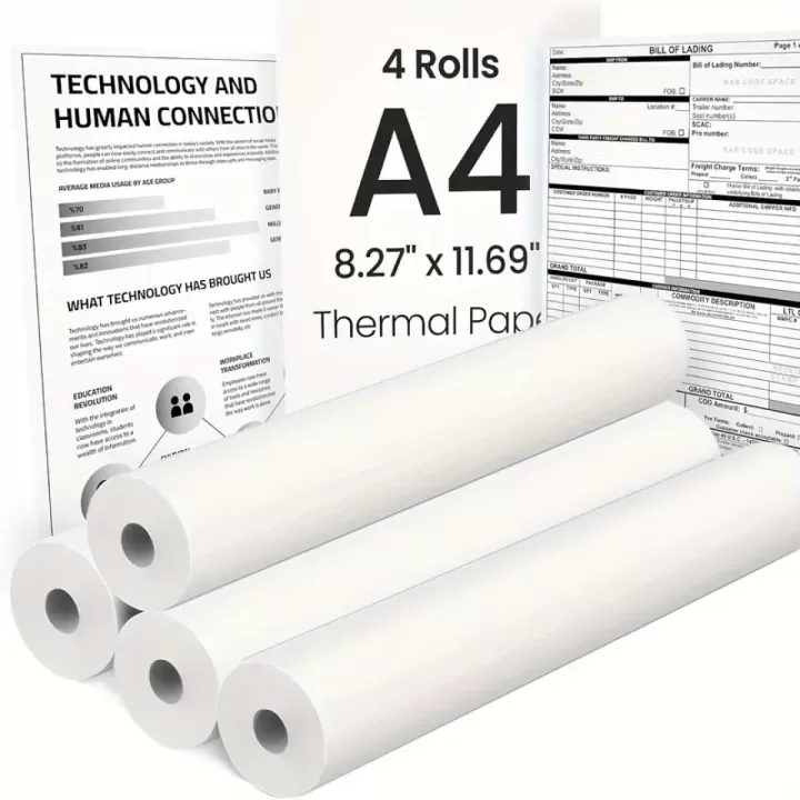 🖨️✨ 4 لفات ورق حراري مقاس A4 - جودة طباعة فائقة! 📏 الحجم المثالي 21.01 × 29.69 سم | يجف سريعًا ولماعة 🔄 متوافق مع طابعات A4 | أكثر سمكًا، إضاءة ووضوحًا للنص 🎯 مثالي للطابعات المحمولة | متين ومقاوم للبقع! 🚀📄
